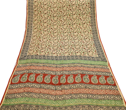 Indian Vintage Sari Beige & Black chanderi Silk Bagru Printed Saree 5Yd Fabric Floral Soft Zari Border Ethnic Upcycle Crafting Dress making