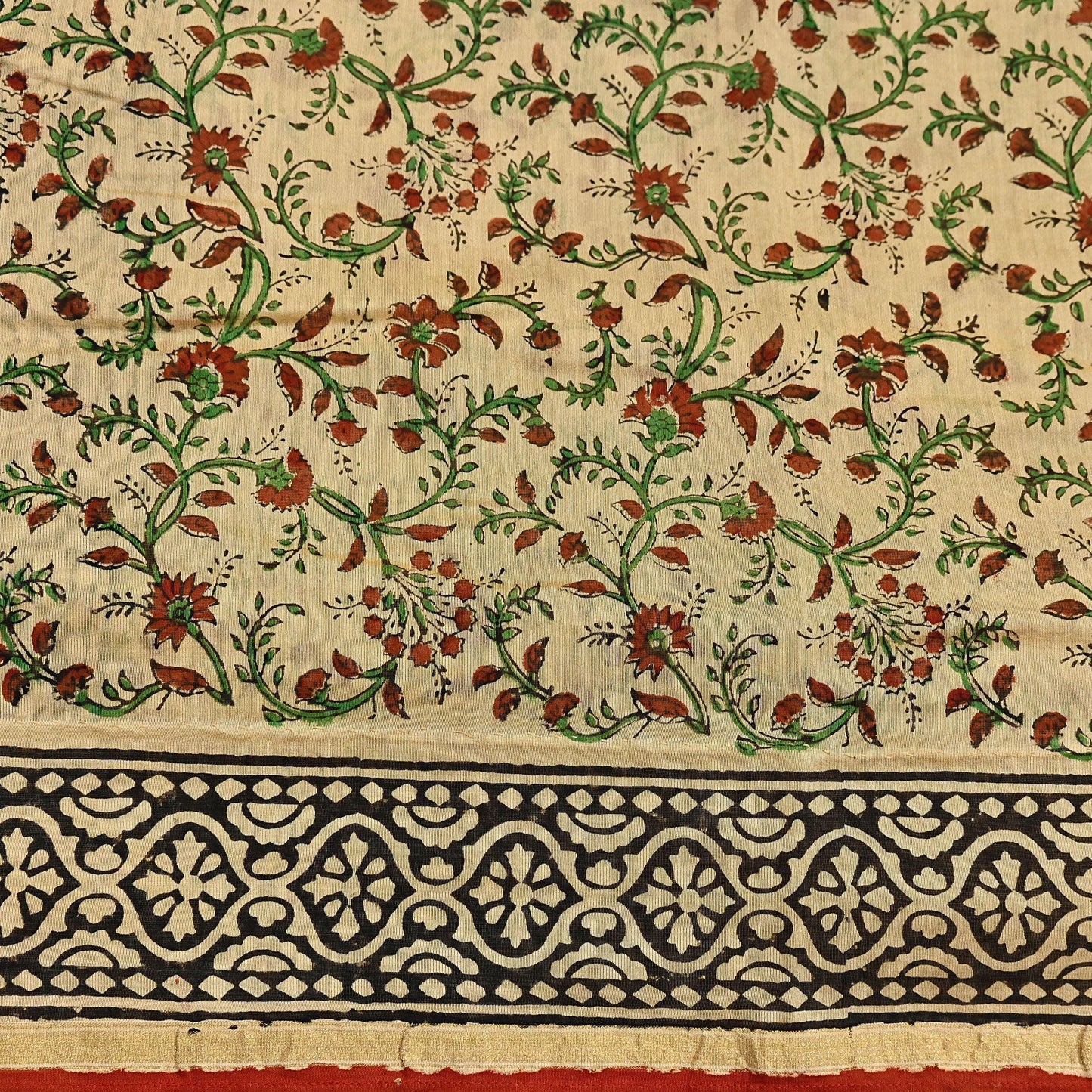 Indian Vintage Sari Beige & Black chanderi Silk Bagru Printed Saree 5Yd Fabric Floral Soft Zari Border Ethnic Upcycle Crafting Dress making