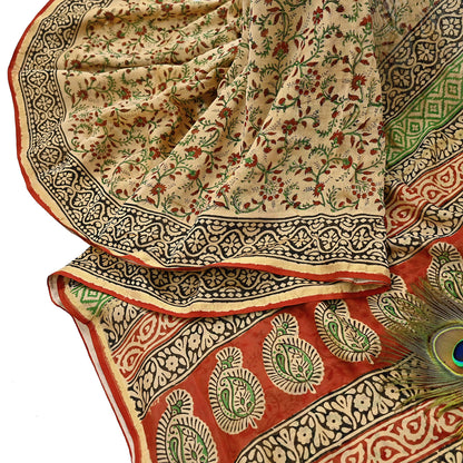 Indian Vintage Sari Beige & Black chanderi Silk Bagru Printed Saree 5Yd Fabric Floral Soft Zari Border Ethnic Upcycle Crafting Dress making