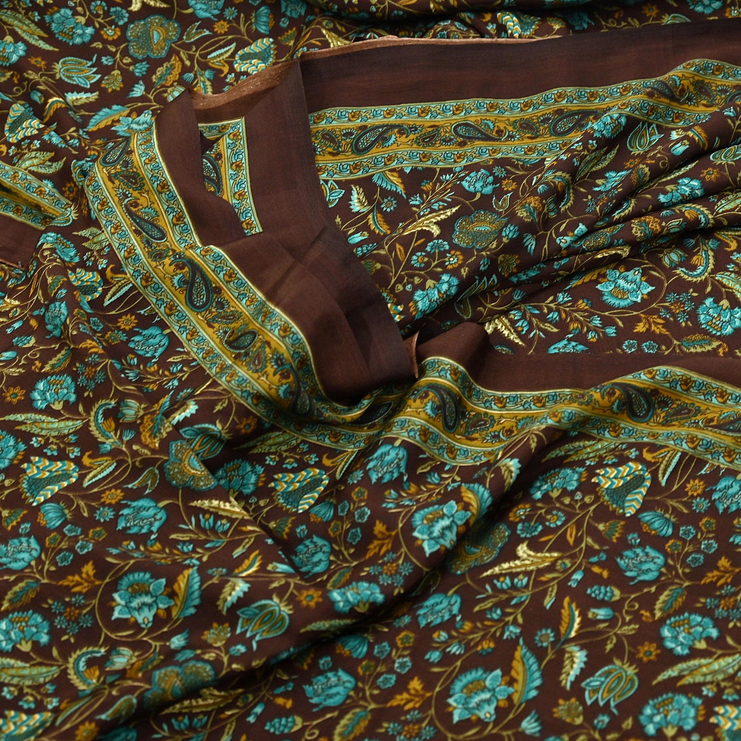 Indian Vintage Brown Moss Crepe Saree Printed Floral Sari Fabric 6 Yards Soft Craft Fabric for Sewing, Dressmaking, Quilting,Upcycling