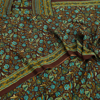 Indian Vintage Brown Moss Crepe Saree Printed Floral Sari Fabric 6 Yards Soft Craft Fabric for Sewing, Dressmaking, Quilting,Upcycling
