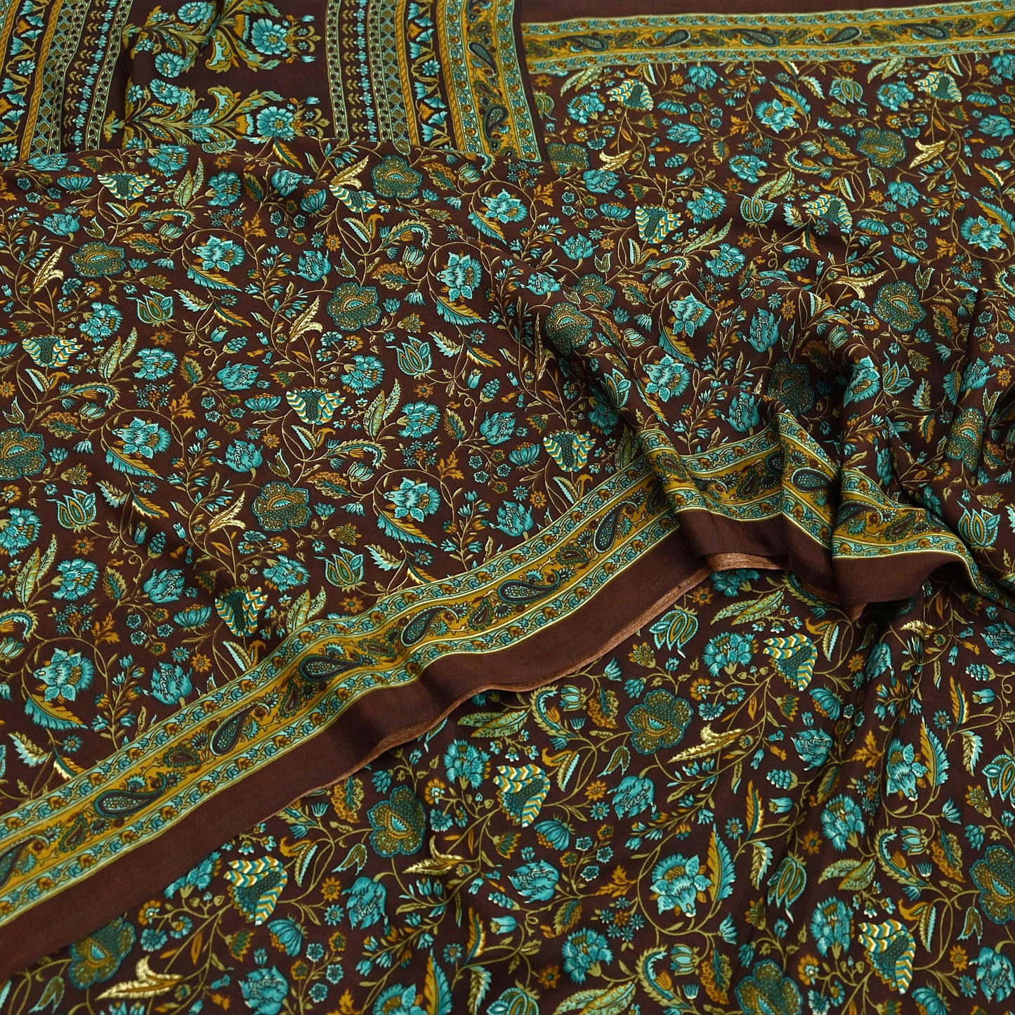 Indian Vintage Brown Moss Crepe Saree Printed Floral Sari Fabric 6 Yards Soft Craft Fabric for Sewing, Dressmaking, Quilting,Upcycling