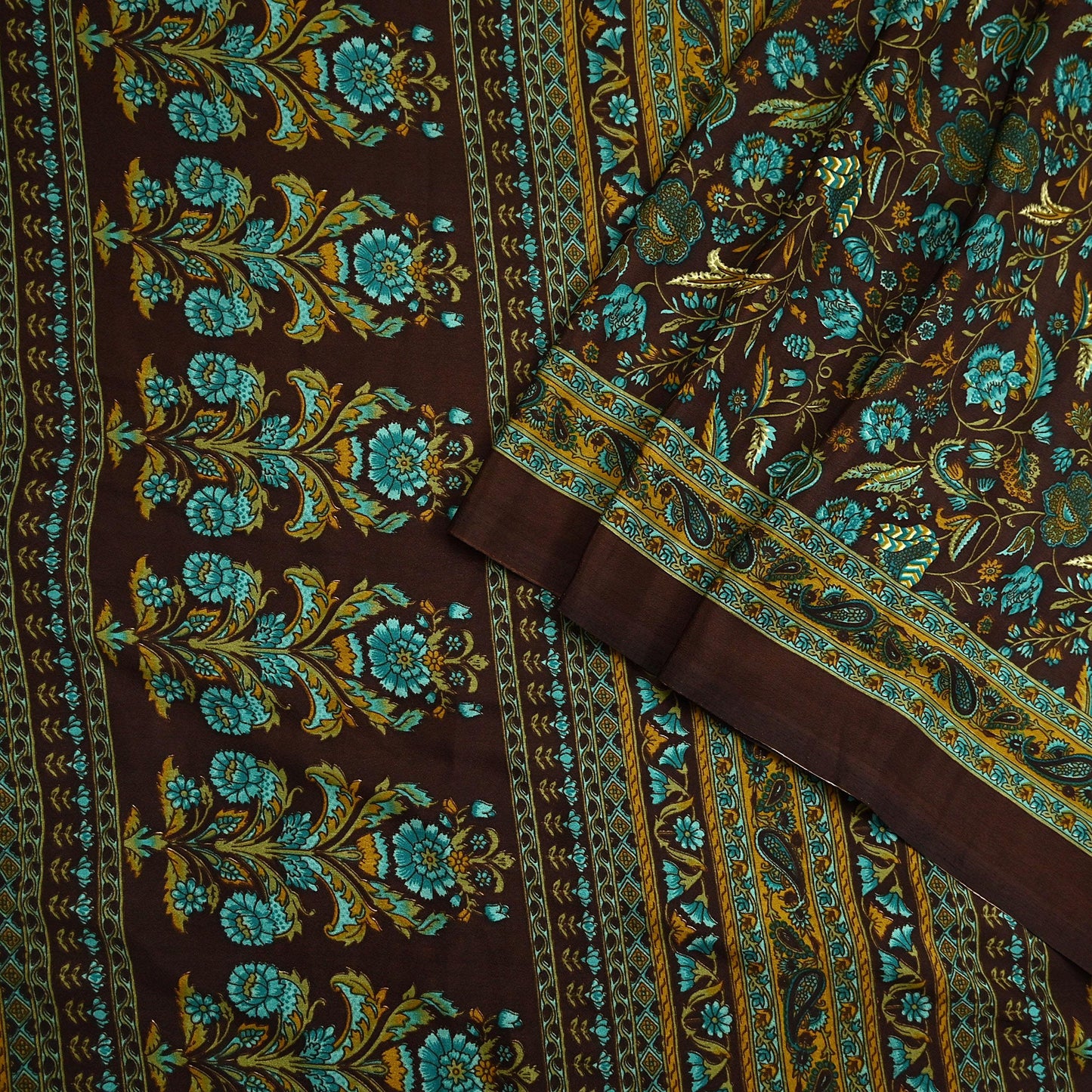 Indian Vintage Brown Moss Crepe Saree Printed Floral Sari Fabric 6 Yards Soft Craft Fabric for Sewing, Dressmaking, Quilting,Upcycling