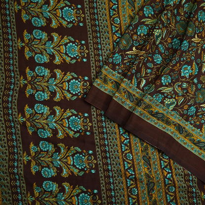 Indian Vintage Brown Moss Crepe Saree Printed Floral Sari Fabric 6 Yards Soft Craft Fabric for Sewing, Dressmaking, Quilting,Upcycling