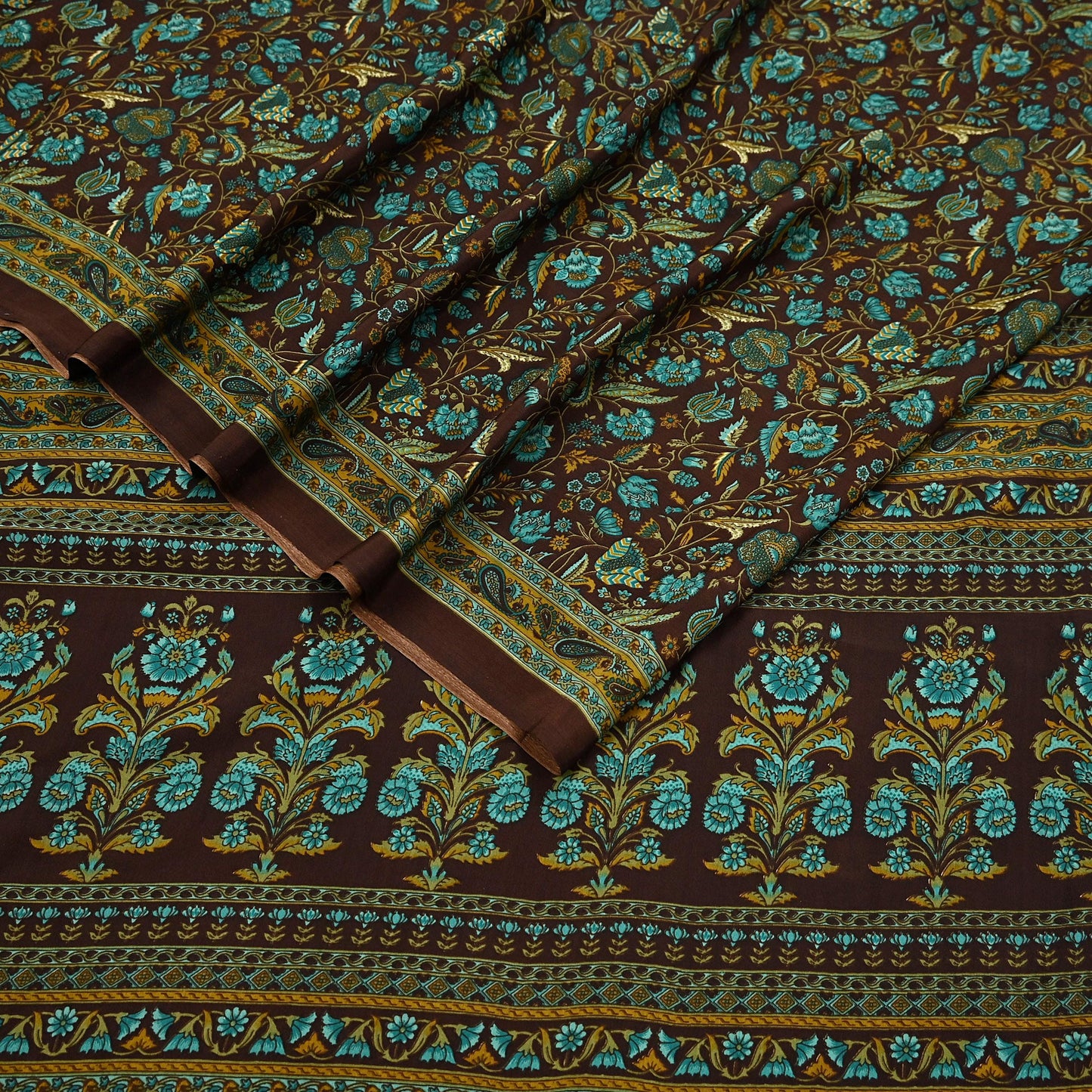 Indian Vintage Brown Moss Crepe Saree Printed Floral Sari Fabric 6 Yards Soft Craft Fabric for Sewing, Dressmaking, Quilting,Upcycling