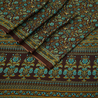 Indian Vintage Brown Moss Crepe Saree Printed Floral Sari Fabric 6 Yards Soft Craft Fabric for Sewing, Dressmaking, Quilting,Upcycling