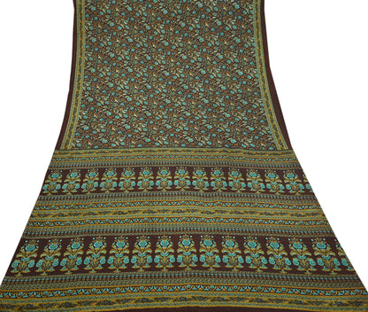 Indian Vintage Brown Moss Crepe Saree Printed Floral Sari Fabric 6 Yards Soft Craft Fabric for Sewing, Dressmaking, Quilting,Upcycling