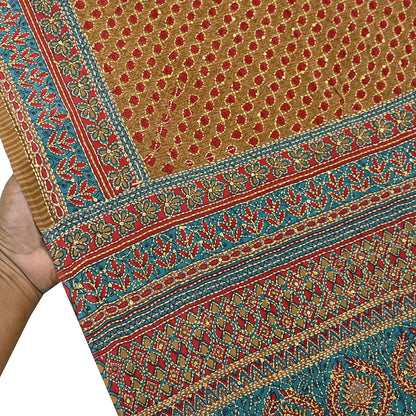 Indian Vintage Sari Red & Green Pure Crepe Silk Hand Embroidered Kantha Saree 5yd Craft Fabric Sewing Floral Soft Dress making Crafting