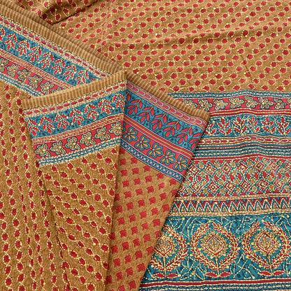 Indian Vintage Sari Red & Green Pure Crepe Silk Hand Embroidered Kantha Saree 5yd Craft Fabric Sewing Floral Soft Dress making Crafting