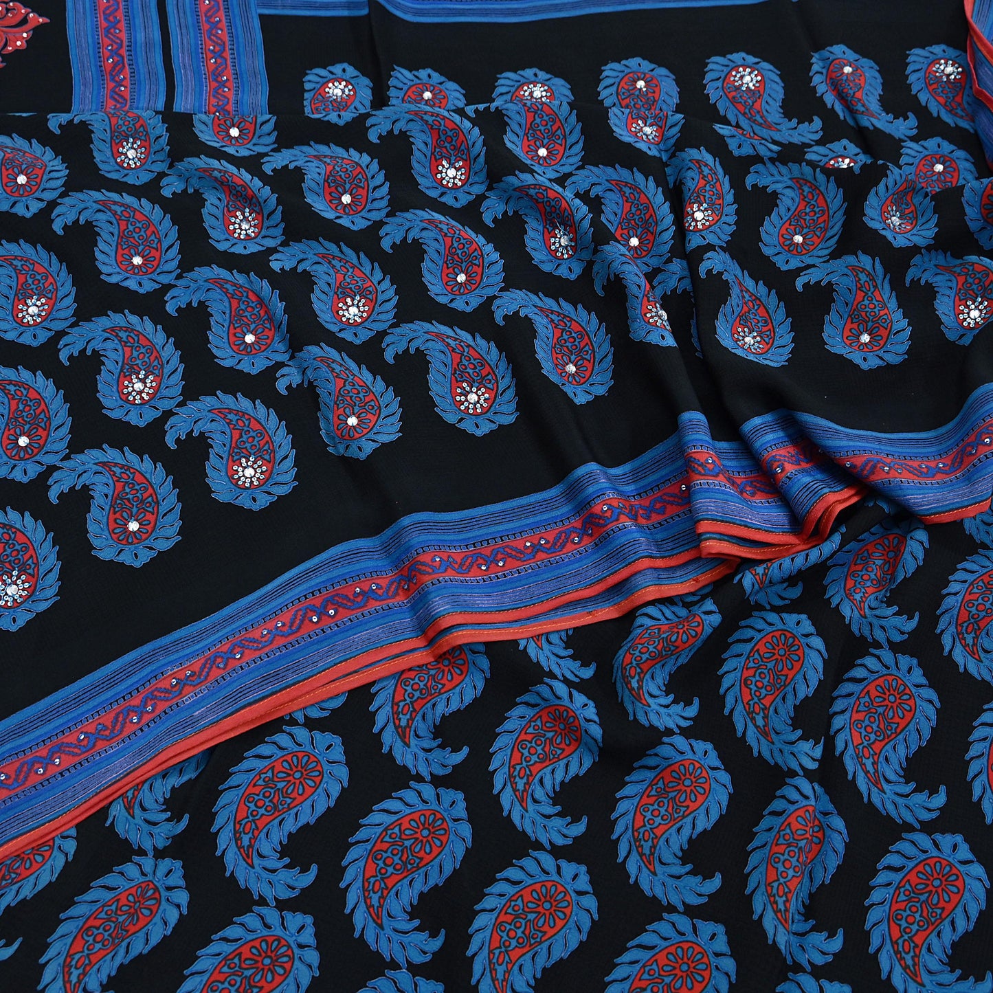 Indian Vintage Sari Blue & Black Pure Crepe Silk Hand Embroidered Saree 5yd Sewing Floral Craft Sequins Dress making Crafting Quilting