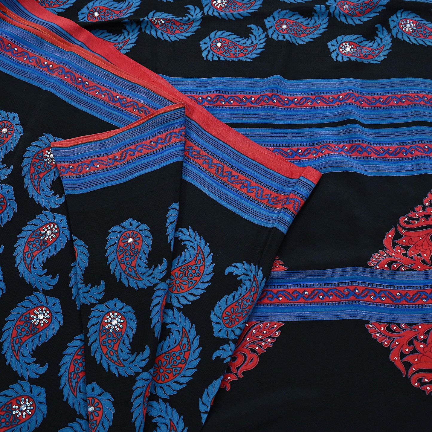 Indian Vintage Sari Blue & Black Pure Crepe Silk Hand Embroidered Saree 5yd Sewing Floral Craft Sequins Dress making Crafting Quilting