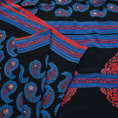 Indian Vintage Sari Blue & Black Pure Crepe Silk Hand Embroidered Saree 5yd Sewing Floral Craft Sequins Dress making Crafting Quilting