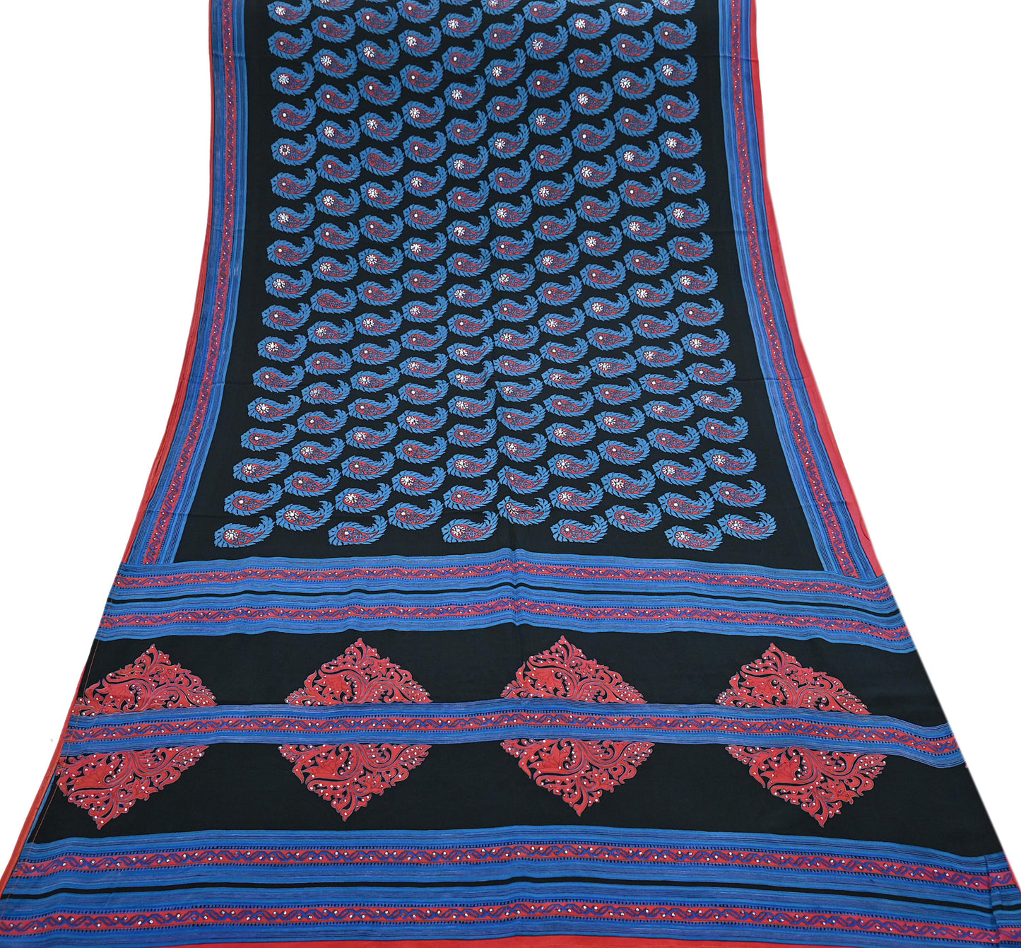 Indian Vintage Sari Blue & Black Pure Crepe Silk Hand Embroidered Saree 5yd Sewing Floral Craft Sequins Dress making Crafting Quilting