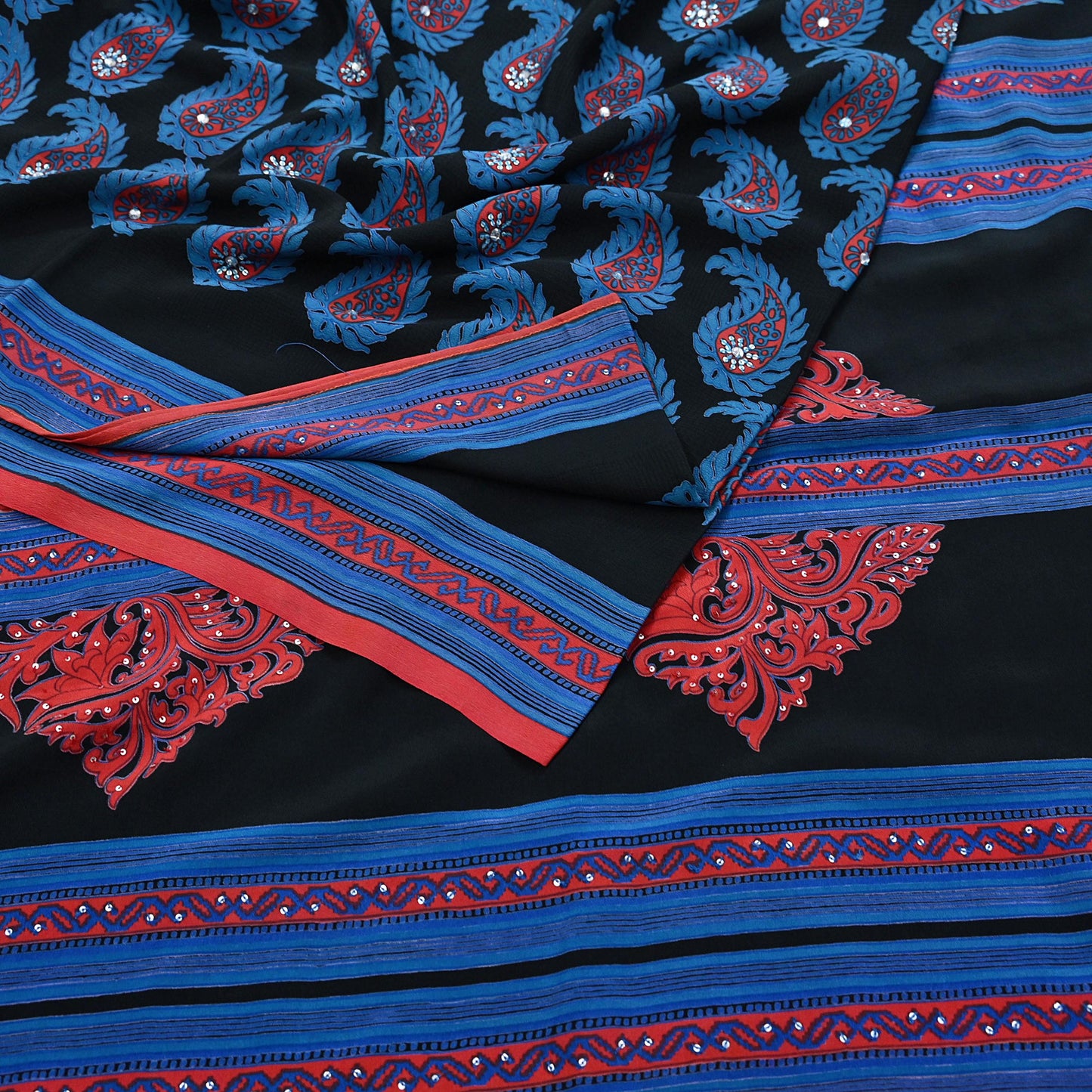 Indian Vintage Sari Blue & Black Pure Crepe Silk Hand Embroidered Saree 5yd Sewing Floral Craft Sequins Dress making Crafting Quilting