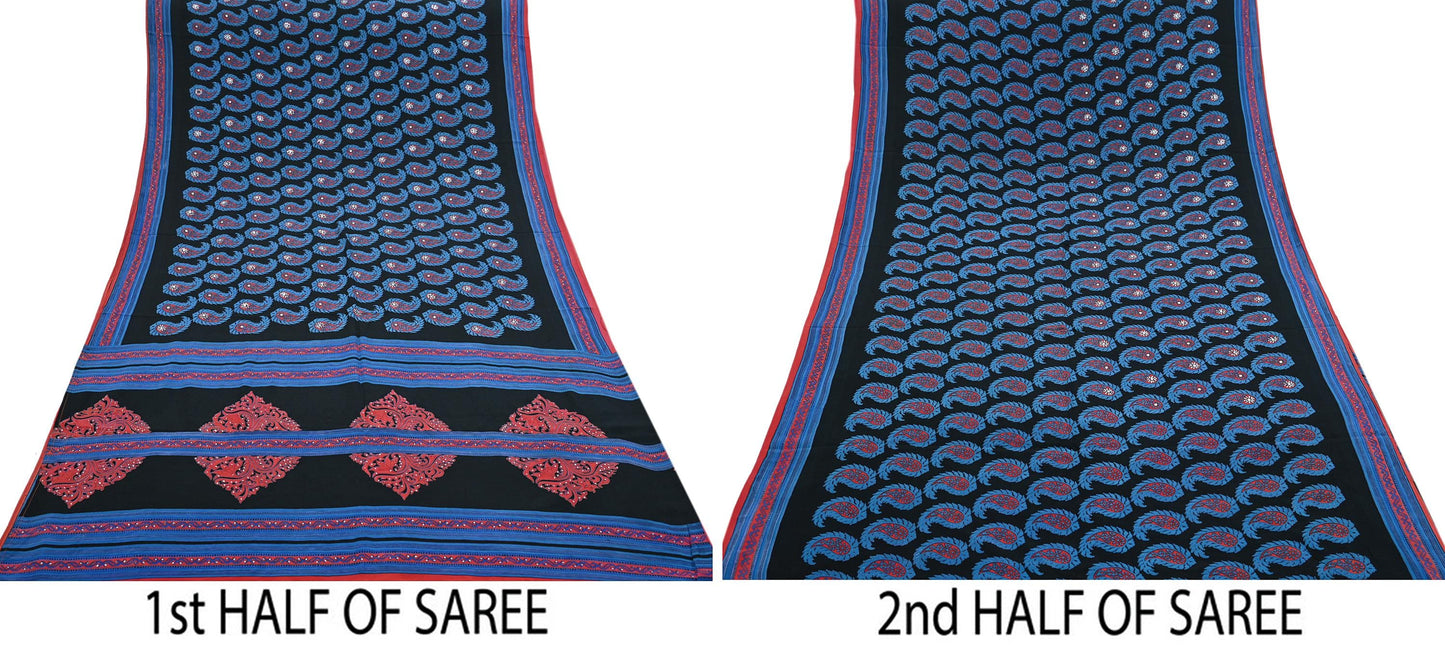 Indian Vintage Sari Blue & Black Pure Crepe Silk Hand Embroidered Saree 5yd Sewing Floral Craft Sequins Dress making Crafting Quilting