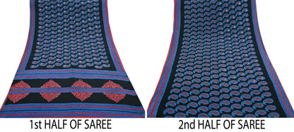 Indian Vintage Sari Blue & Black Pure Crepe Silk Hand Embroidered Saree 5yd Sewing Floral Craft Sequins Dress making Crafting Quilting