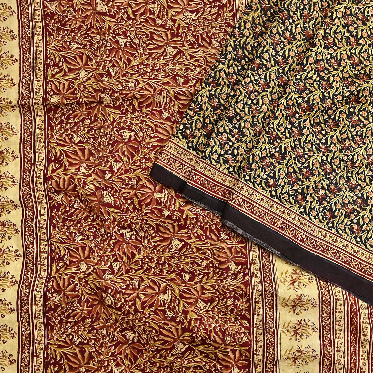 Indian Vintage Sari Maroon & Black 100% Pure Silk Printed Saree Craft Fabric 5yd Sewing Dress Making Soft Wrap Quilting Crafting Upcycle