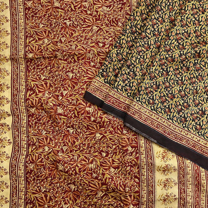 Indian Vintage Sari Maroon & Black 100% Pure Silk Printed Saree Craft Fabric 5yd Sewing Dress Making Soft Wrap Quilting Crafting Upcycle