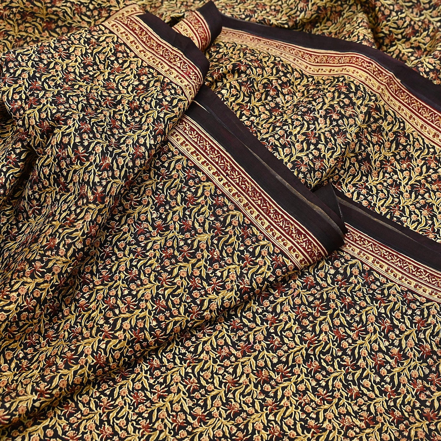 Indian Vintage Sari Maroon & Black 100% Pure Silk Printed Saree Craft Fabric 5yd Sewing Dress Making Soft Wrap Quilting Crafting Upcycle