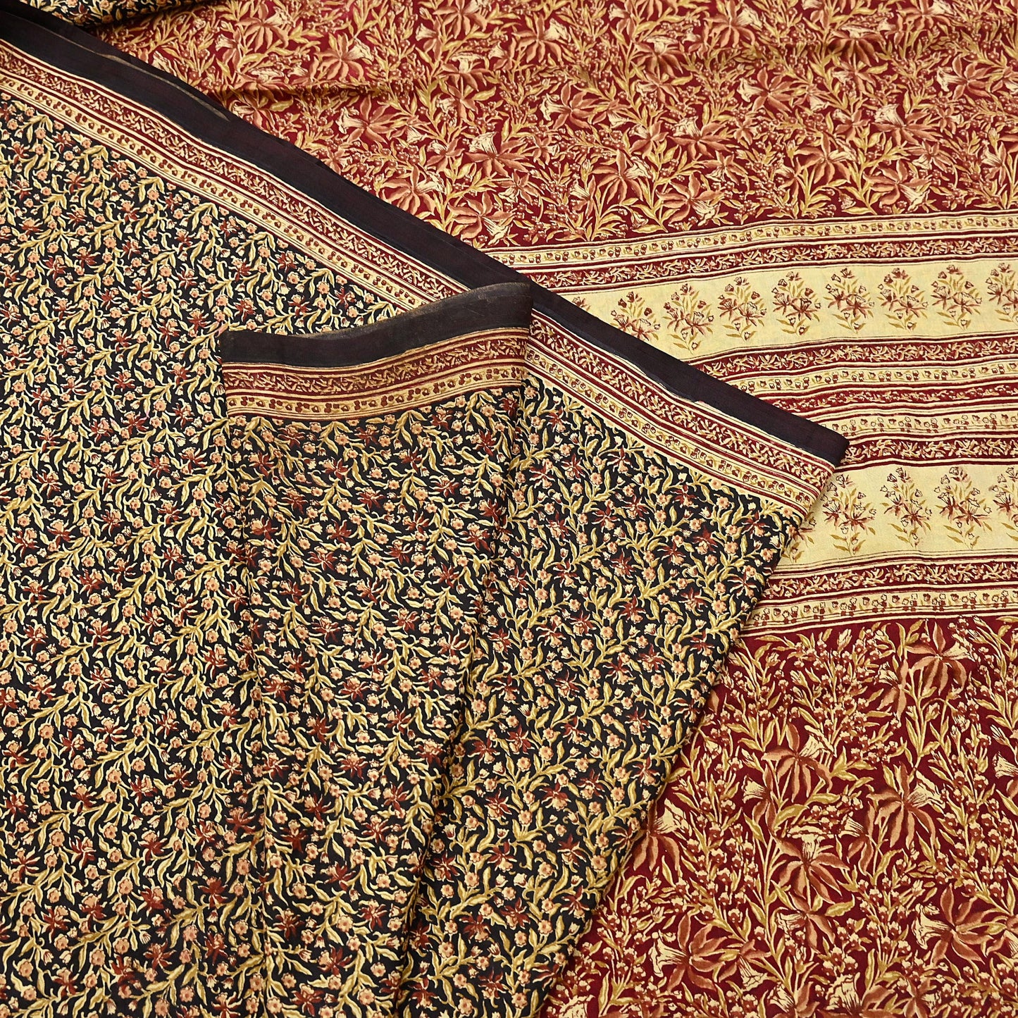 Indian Vintage Sari Maroon & Black 100% Pure Silk Printed Saree Craft Fabric 5yd Sewing Dress Making Soft Wrap Quilting Crafting Upcycle