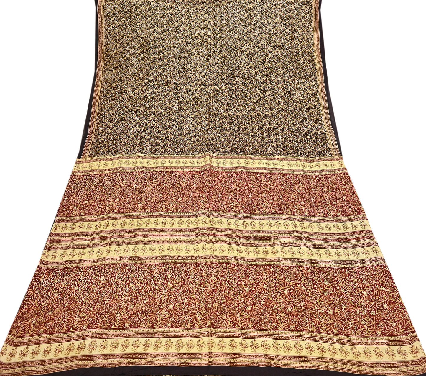 Indian Vintage Sari Maroon & Black 100% Pure Silk Printed Saree Craft Fabric 5yd Sewing Dress Making Soft Wrap Quilting Crafting Upcycle