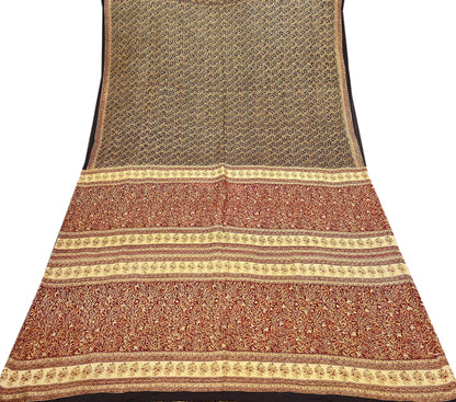 Indian Vintage Sari Maroon & Black 100% Pure Silk Printed Saree Craft Fabric 5yd Sewing Dress Making Soft Wrap Quilting Crafting Upcycle