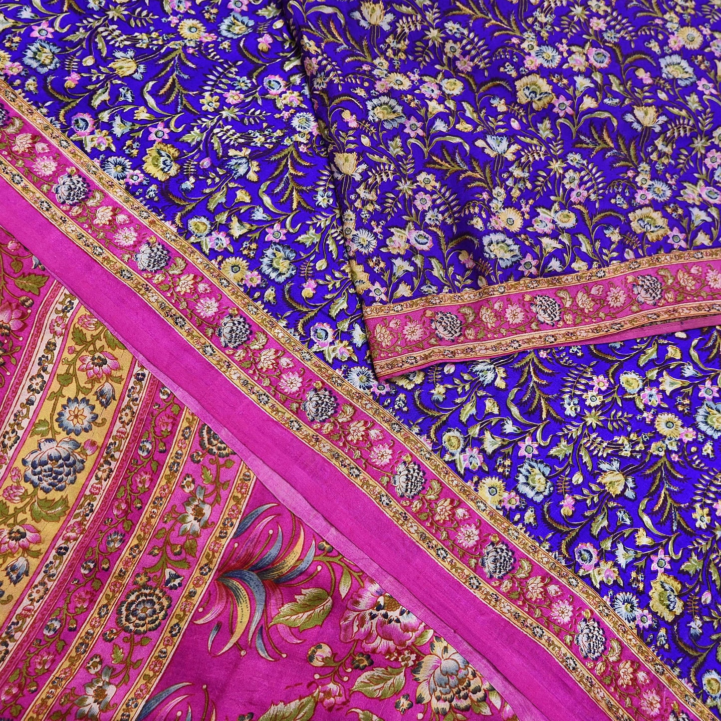 Indian Vintage Sari Purple & Pink Printed Pure Silk Sarees 6yd Sewing Craft Fabric Soft Dress Making Floral Upcycle Crafting Quilting Used