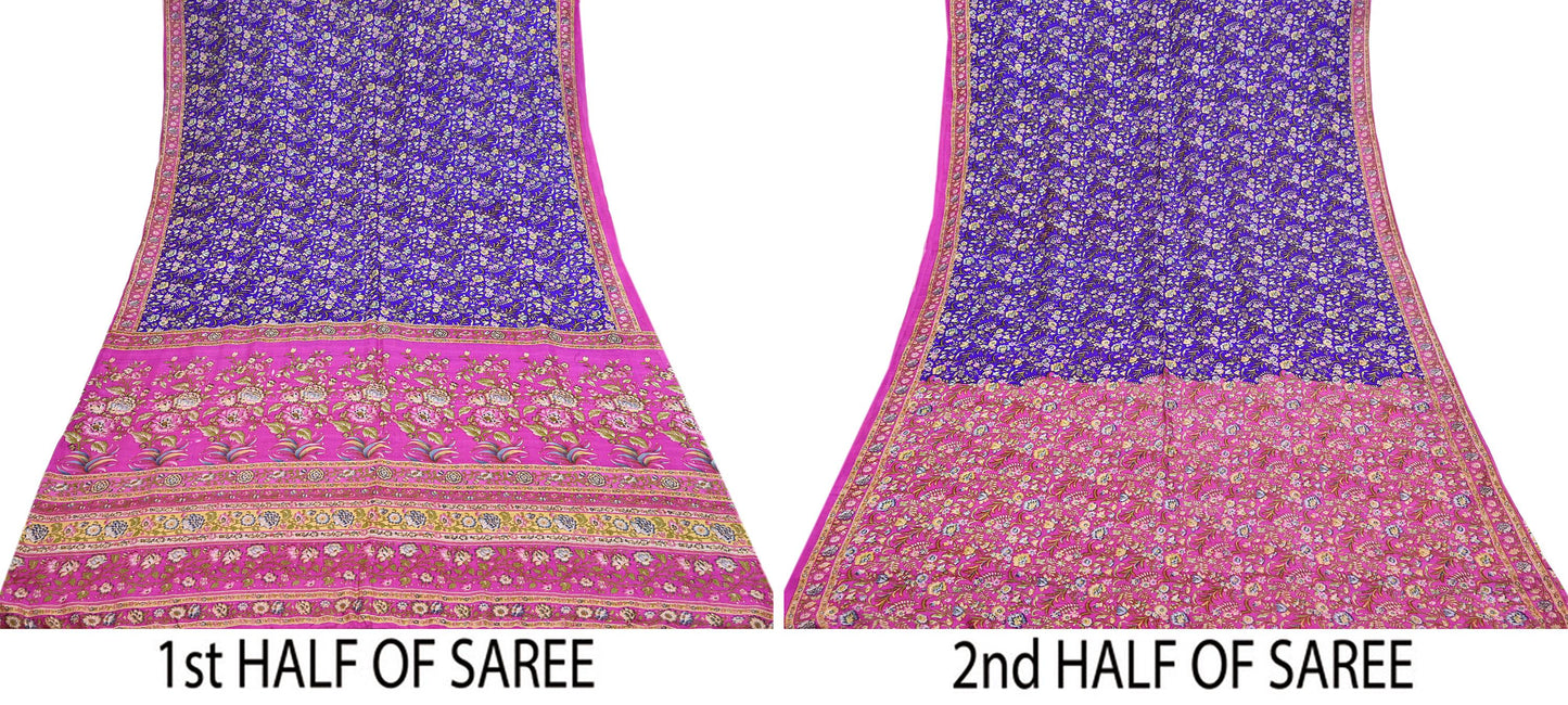 Indian Vintage Sari Purple & Pink Printed Pure Silk Sarees 6yd Sewing Craft Fabric Soft Dress Making Floral Upcycle Crafting Quilting Used
