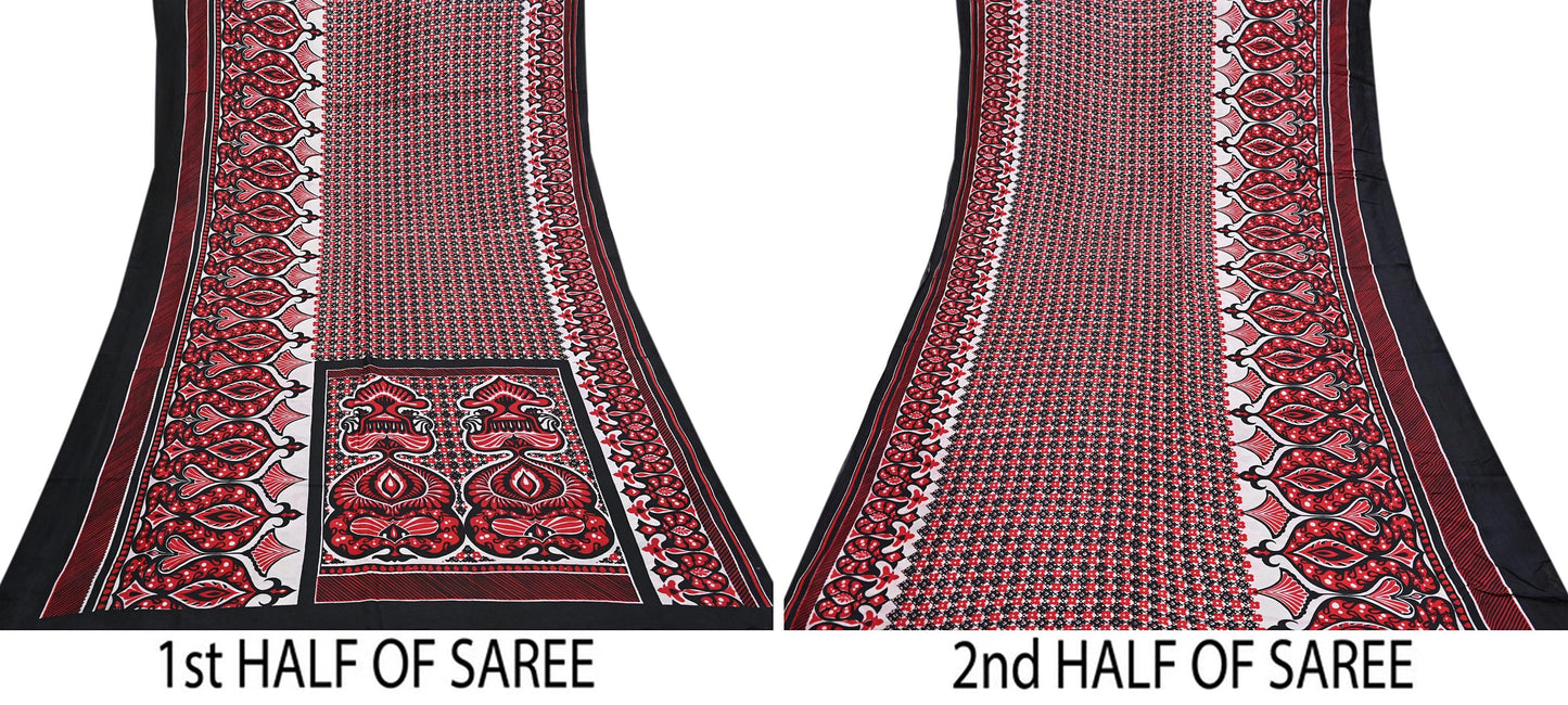 Indian Vintage Sari Black & red 100% Pure Silk Printed Sarees 5yd Craft Fabric Sewing Soft Dress Making Floral Quilting Crafting Upcycle
