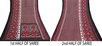 Indian Vintage Sari Black & red 100% Pure Silk Printed Sarees 5yd Craft Fabric Sewing Soft Dress Making Floral Quilting Crafting Upcycle