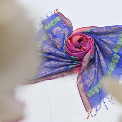Indian Vintage Dupatta Blue & Pink Chanderi Long Stole Hand Embroidered Work Scarves Veil Zari Wrap Fringes