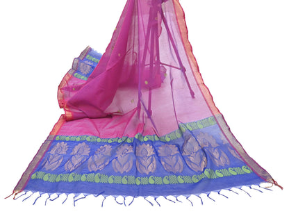 Indian Vintage Dupatta Blue & Pink Chanderi Long Stole Hand Embroidered Work Scarves Veil Zari Wrap Fringes
