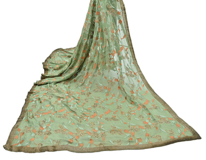 Indian Vintage Dupatta Green Pure Georgette silk Long Stole Embroidered Scarves Stole Veil Wrap