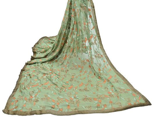 Indian Vintage Dupatta Green Pure Georgette silk Long Stole Embroidered Scarves Stole Veil Wrap