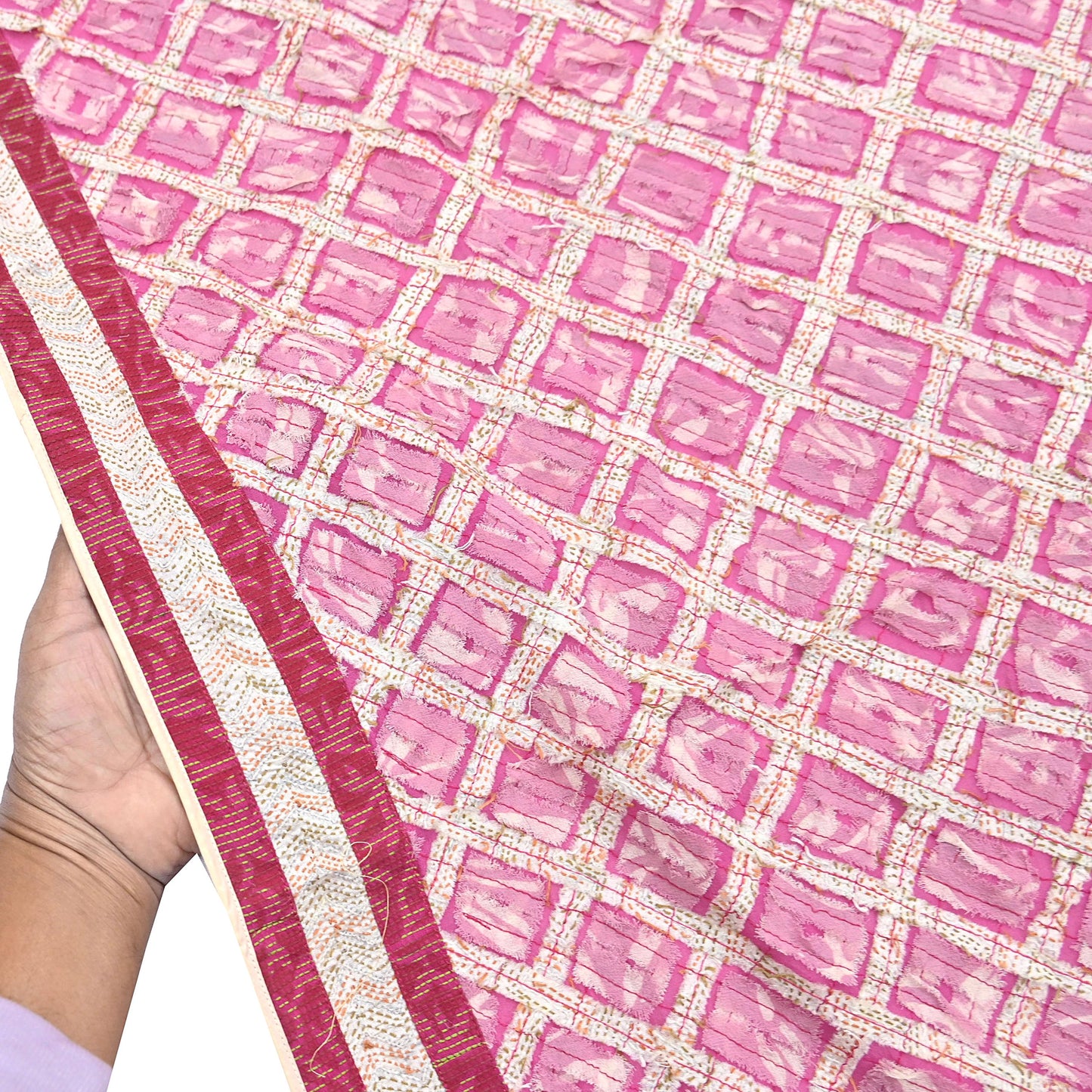 Indian Vintage Dupatta Pink Long Stole Hand Embroidered kantha stole Pure Georgette Silk Indian Scarves Veil Wrap Soft Floral