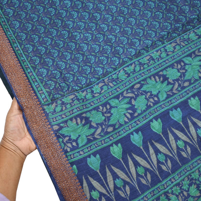 Vintage blue green Wool Saree Indian Pure Woolen Floral Woven Fabric 5 Yard Soft Warm Craft Material for Winter Dressmaking & Sewing