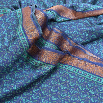 Vintage blue green Wool Saree Indian Pure Woolen Floral Woven Fabric 5 Yard Soft Warm Craft Material for Winter Dressmaking & Sewing