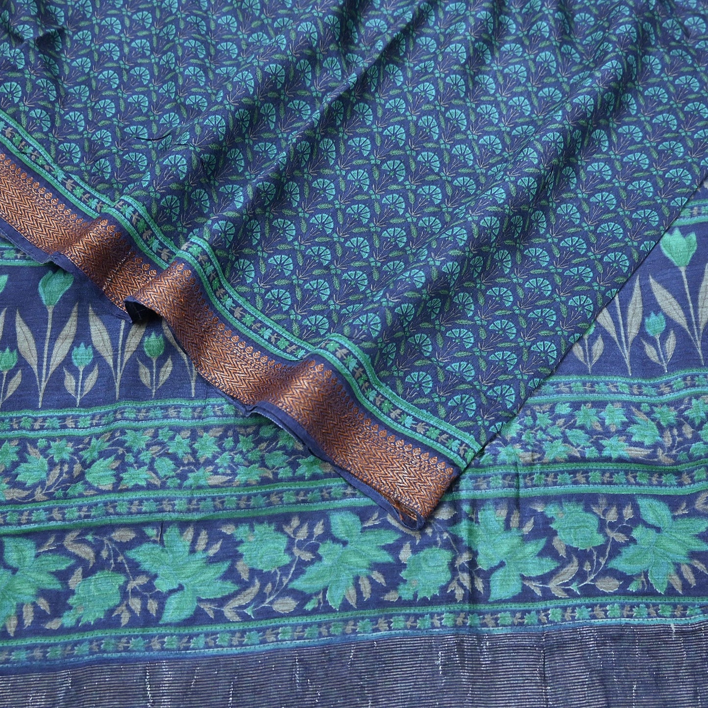 Vintage blue green Wool Saree Indian Pure Woolen Floral Woven Fabric 5 Yard Soft Warm Craft Material for Winter Dressmaking & Sewing