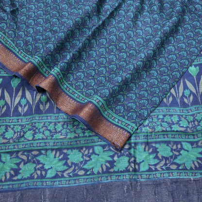Vintage blue green Wool Saree Indian Pure Woolen Floral Woven Fabric 5 Yard Soft Warm Craft Material for Winter Dressmaking & Sewing