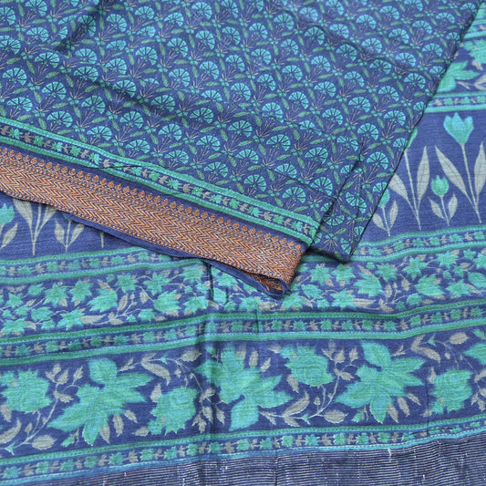 Vintage blue green Wool Saree Indian Pure Woolen Floral Woven Fabric 5 Yard Soft Warm Craft Material for Winter Dressmaking & Sewing