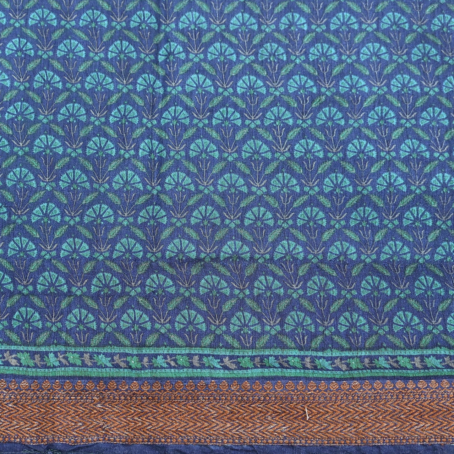 Vintage blue green Wool Saree Indian Pure Woolen Floral Woven Fabric 5 Yard Soft Warm Craft Material for Winter Dressmaking & Sewing