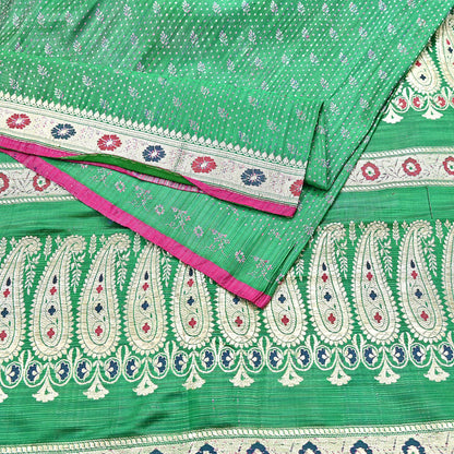 Indian Vintage Sari Green Heavy Pure Silk Woven Banarasi Brocade Saree Fabric 5Yd Ethnic Dress making Crafting Bollywood Zari