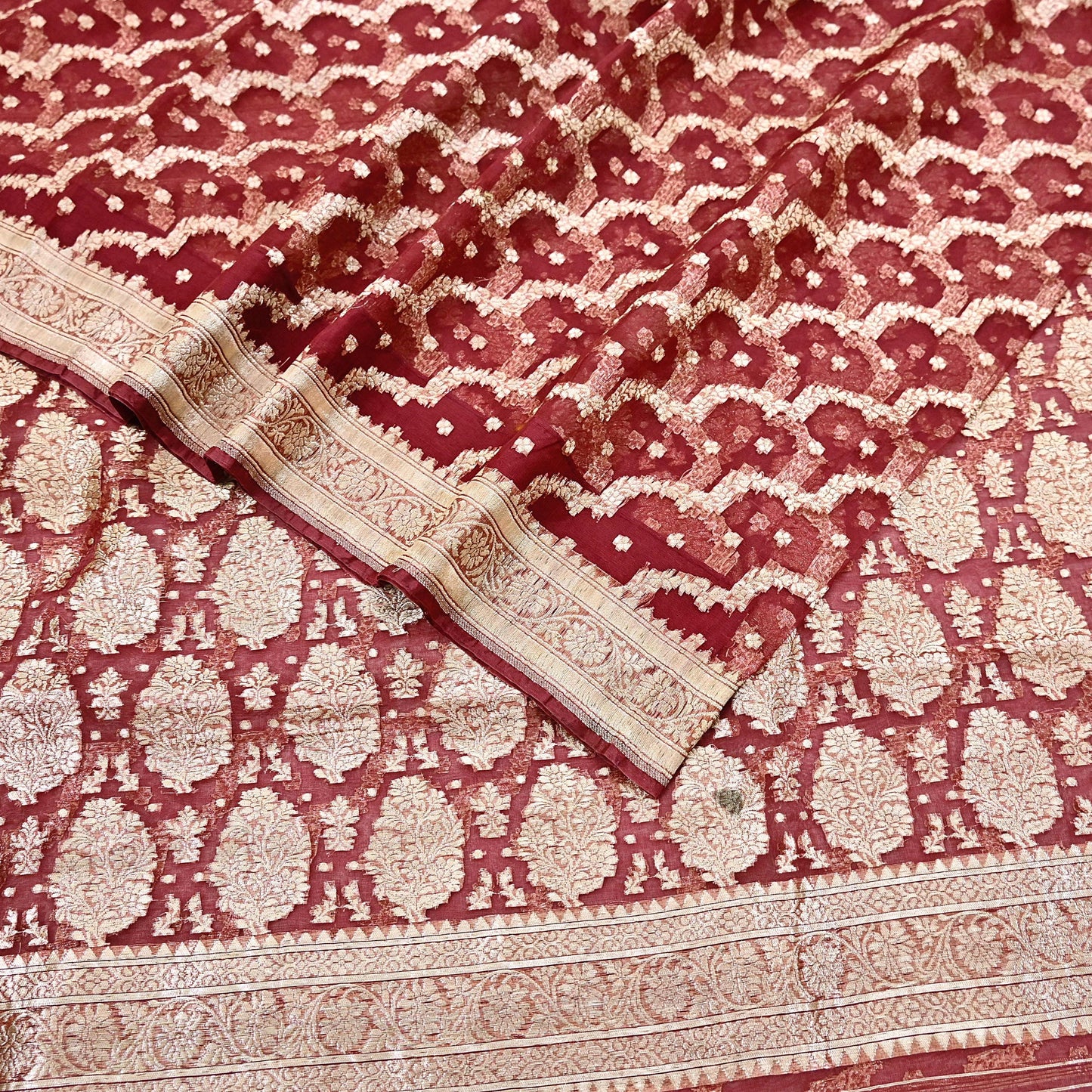 Indian Vintage Sari Heavy Maroon Pure Organza Silk Woven Brocade Banarasi Sarees Zari 5Yd Ethnic Fabric Dress Making Wedding Sarees