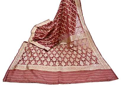 Indian Vintage Sari Heavy Maroon Pure Organza Silk Woven Brocade Banarasi Sarees Zari 5Yd Ethnic Fabric Dress Making Wedding Sarees