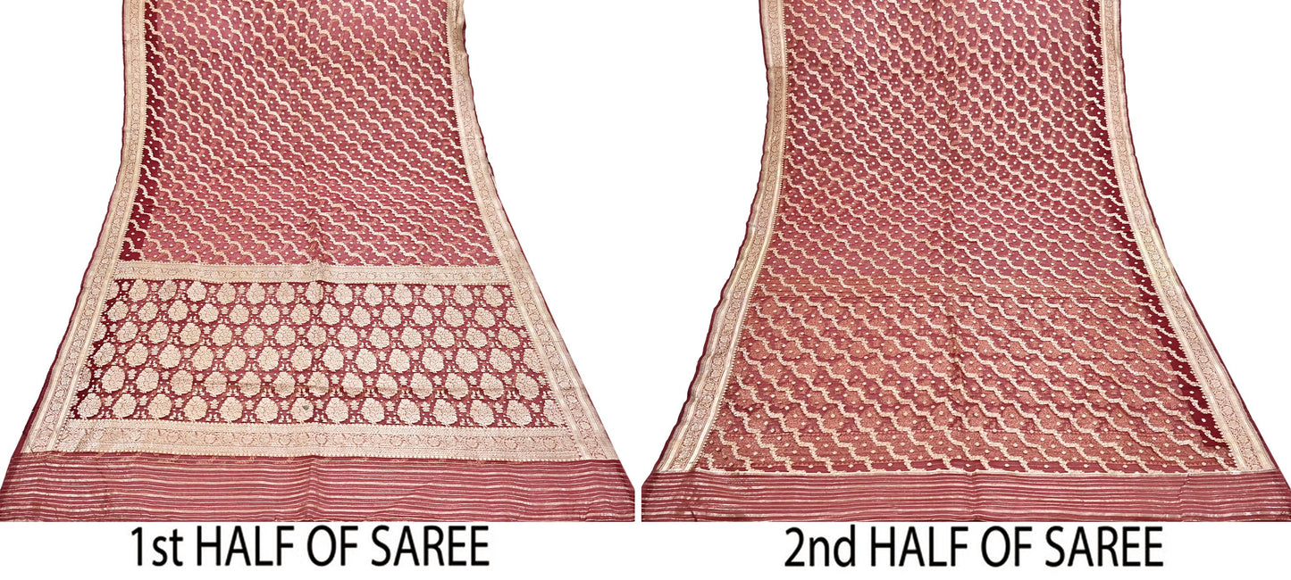 Indian Vintage Sari Heavy Maroon Pure Organza Silk Woven Brocade Banarasi Sarees Zari 5Yd Ethnic Fabric Dress Making Wedding Sarees