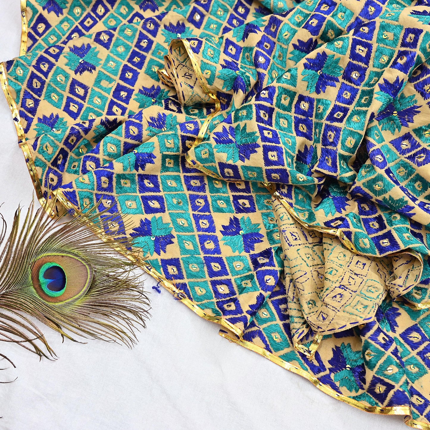 Indian Vintage Beige Heavy Wedding Dupatta Long Stole Pure Cotton Hand Embroidered Bagh Phulkari Stole Scarves