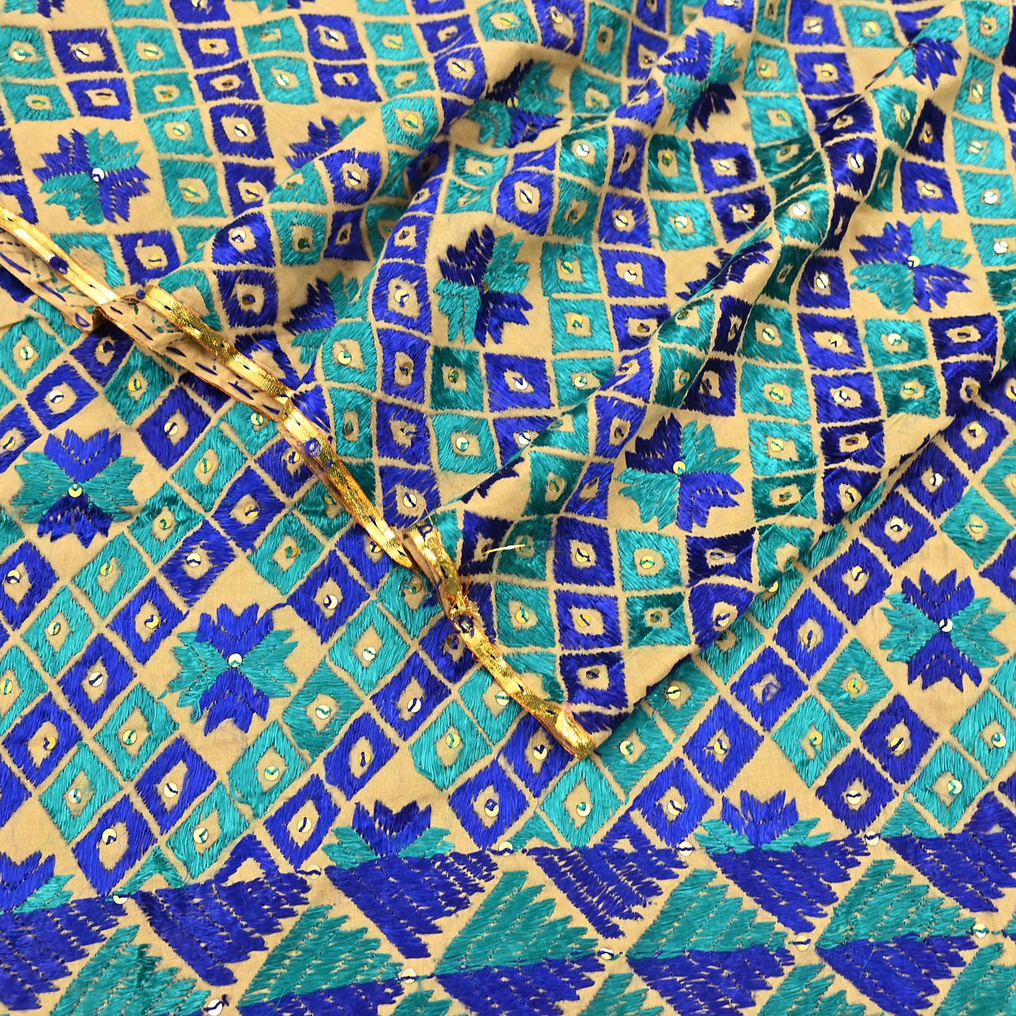 Indian Vintage Beige Heavy Wedding Dupatta Long Stole Pure Cotton Hand Embroidered Bagh Phulkari Stole Scarves