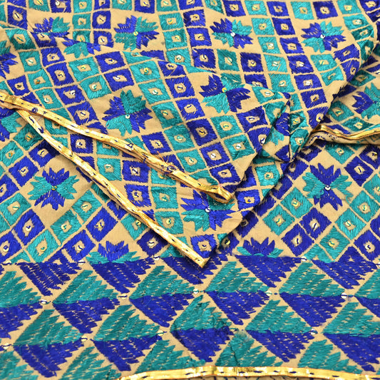 Indian Vintage Beige Heavy Wedding Dupatta Long Stole Pure Cotton Hand Embroidered Bagh Phulkari Stole Scarves