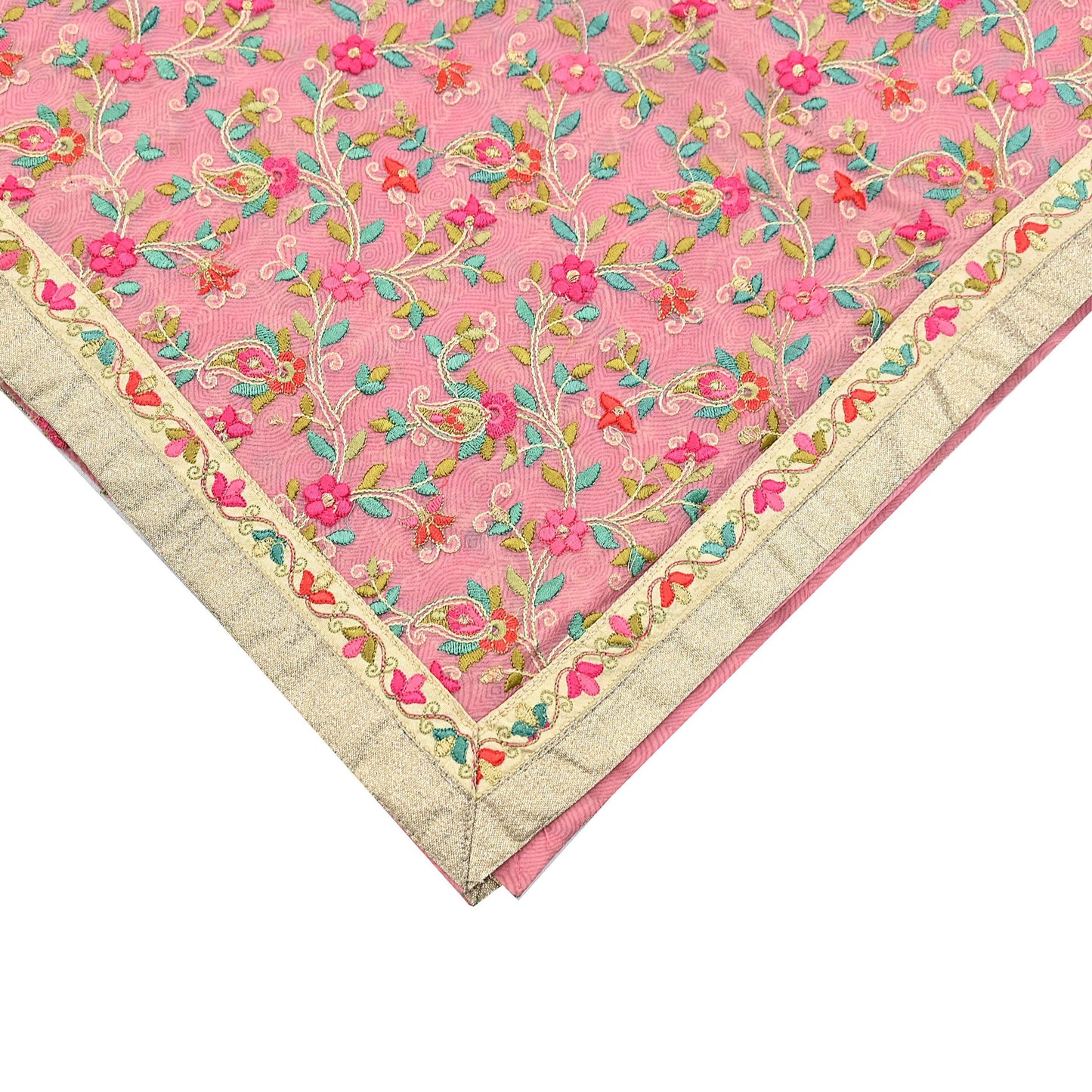 Indian Vintage Dupatta Pink Long Stole Pure Georgette Silk Embroidered Scarves Veil Hijab Floral Peacock
