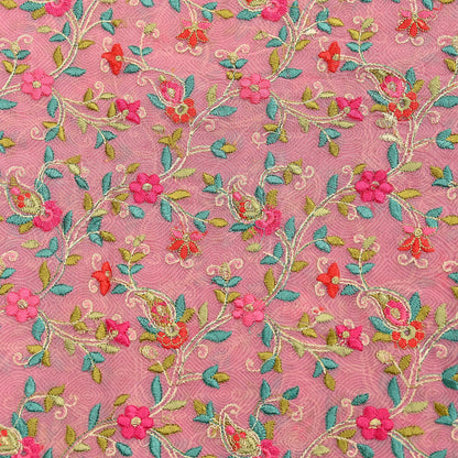 Indian Vintage Dupatta Pink Long Stole Pure Georgette Silk Embroidered Scarves Veil Hijab Floral Peacock